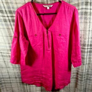 Ellen Tracy women linen tunic Large coastal beachy vacation pink barbie bright